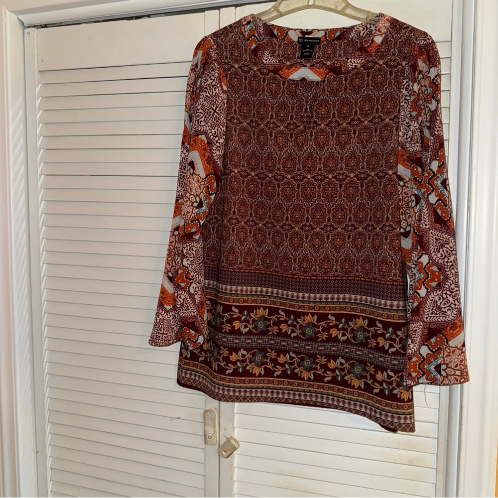 New Directions Rust and White Patterned Blouse